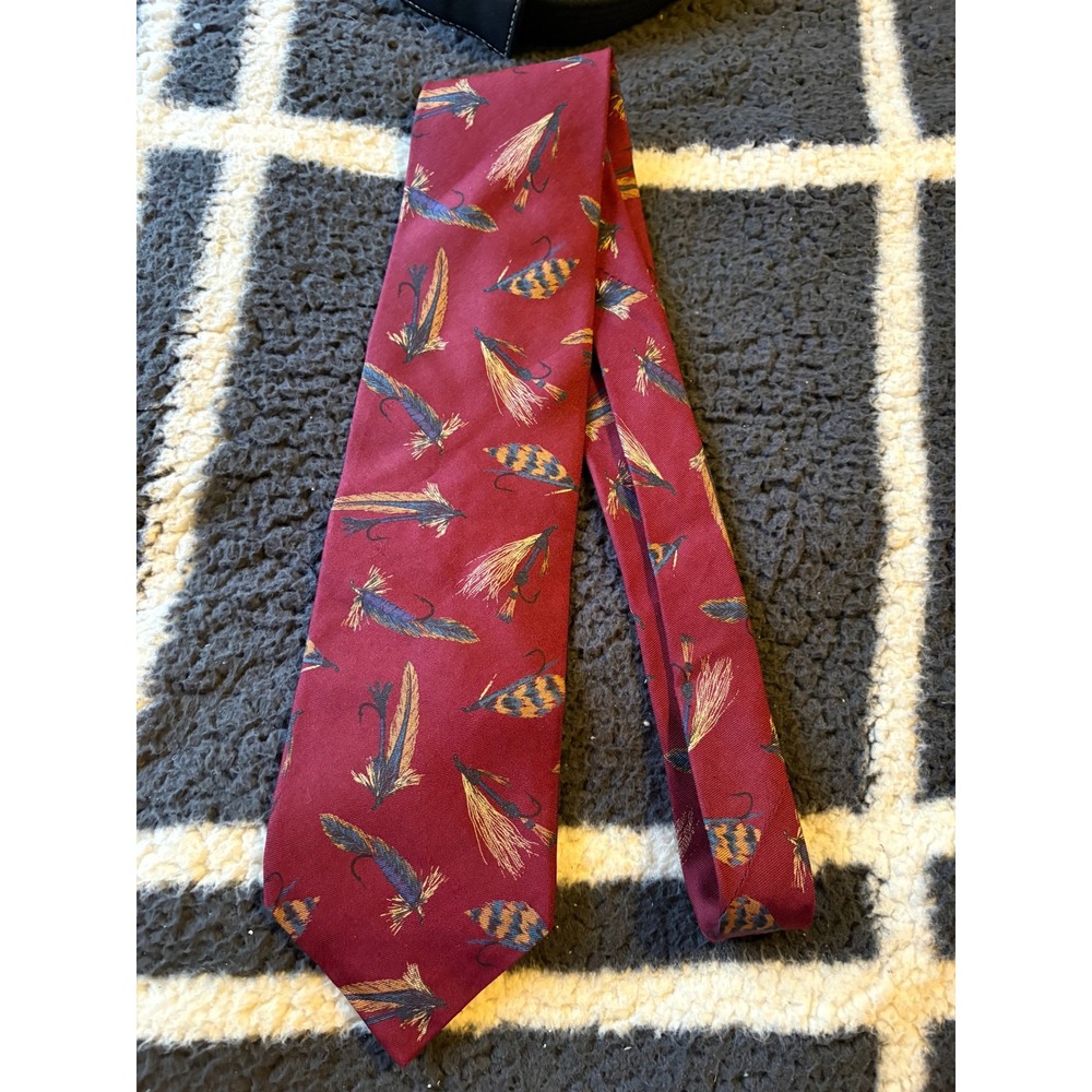 Ferrell Reed Mens Silk Tie Burgundy Red‎ Fly Fishing Lures Feathers Made in USA